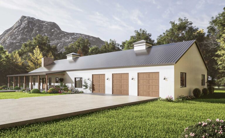 longhorn barndominium with white siding 768x473
