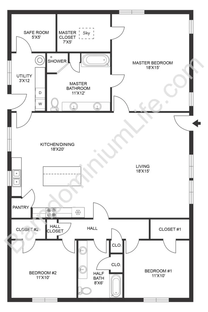 open concept barndominium floor plan with safe room