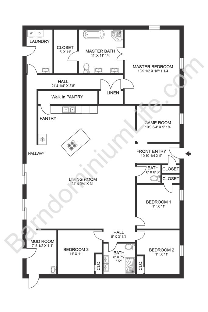Open concept 4 bedroom barndominium floor plan with game room