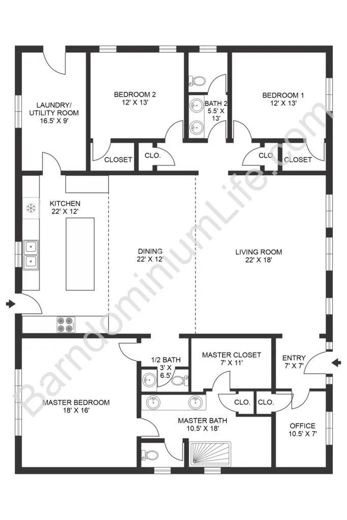 open concept barndominium floor plan with dining room