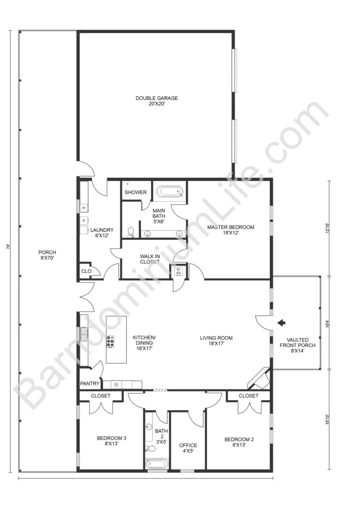 open concept barndominium floor plan with double garage
