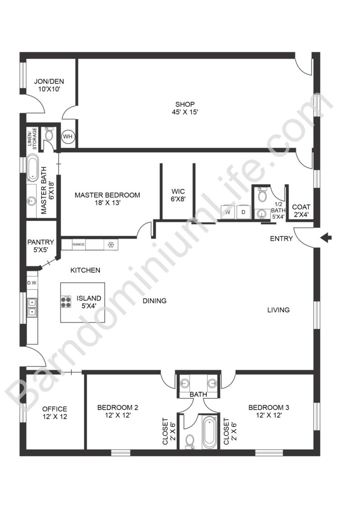 open concept barndominium floor plan with workshop