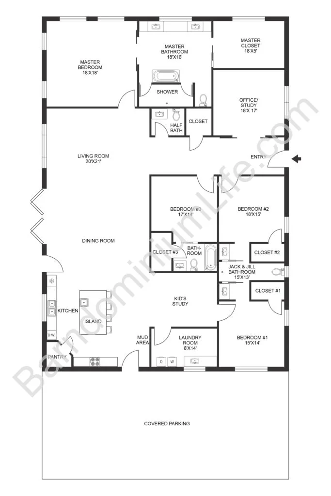 open concept barndominium floor plan with kid's room