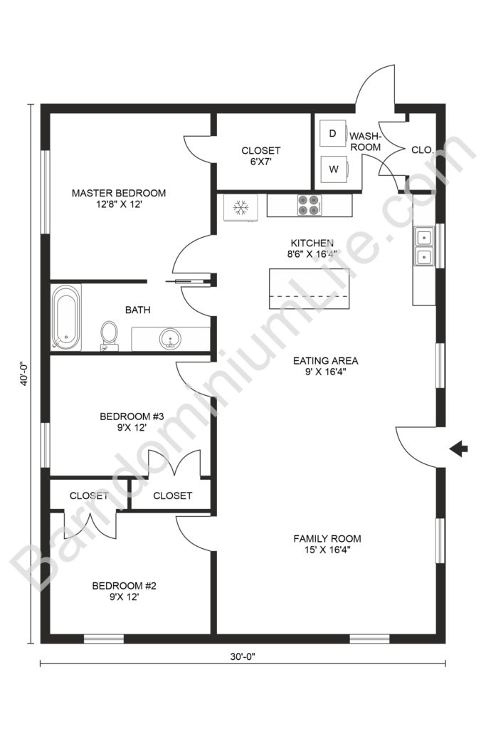 3 bedroom barndominium floor plan