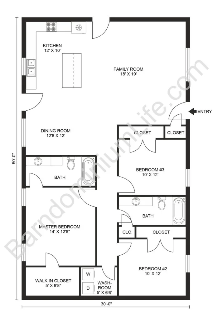 30x50 3 bedroom barndominium floor plan