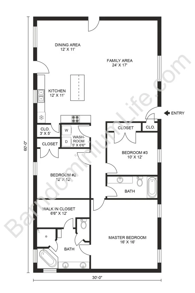 30x60 3 Bed 2 Bath Barndominium Floor Plan