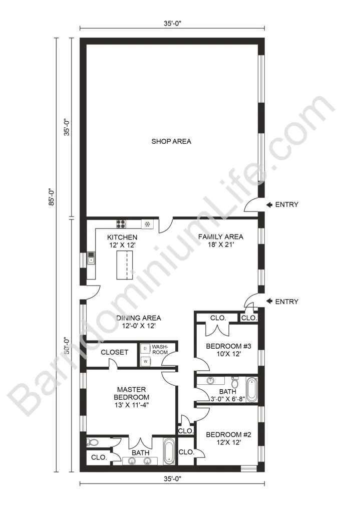 35x50 3 bedroom barndominium with shop floor plan