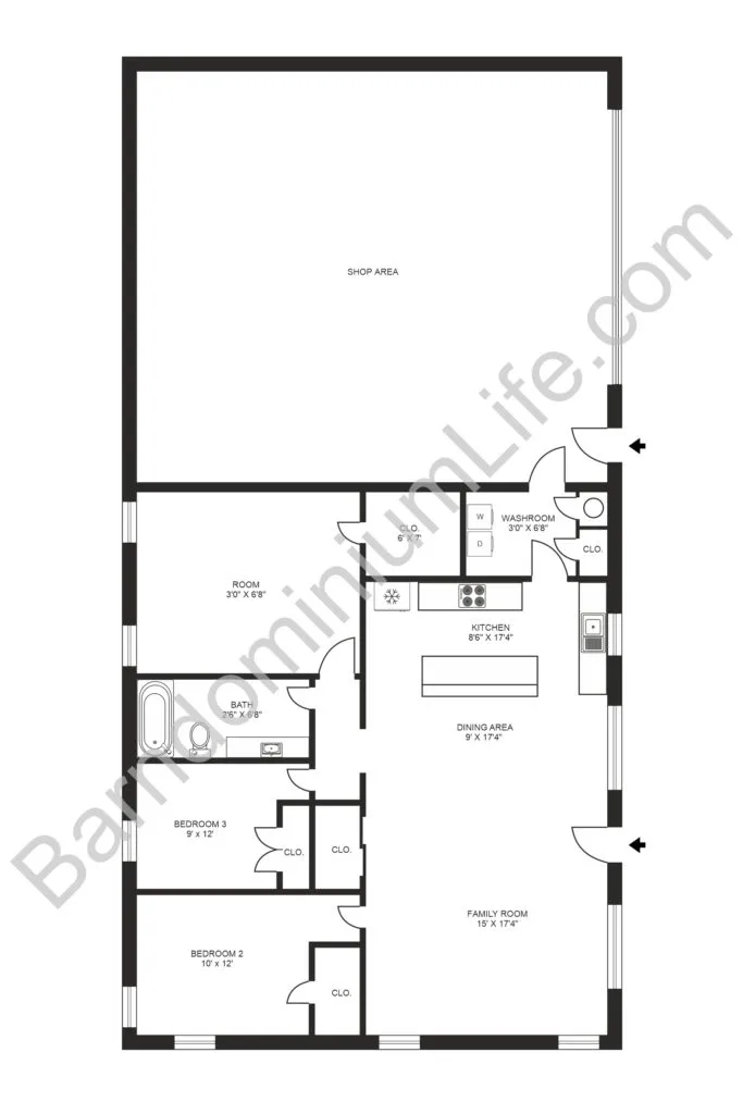 3 bedroom barndominium floor plan with shop