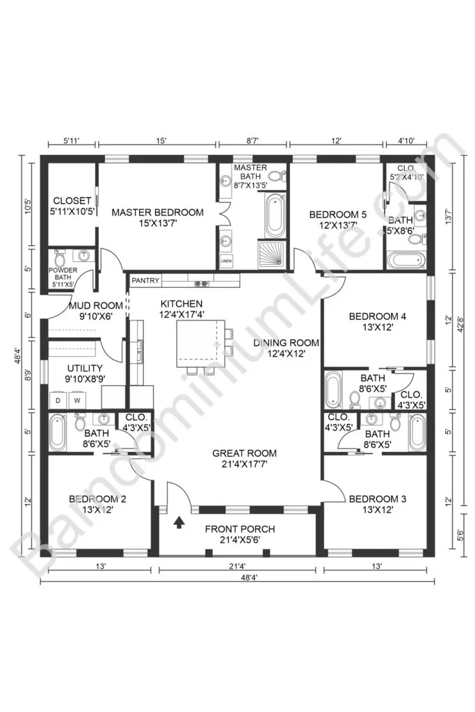 five bedroom barndominium floor plan with front porch