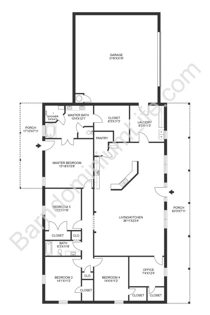 4 bedroom barndominium floor plan with large garage