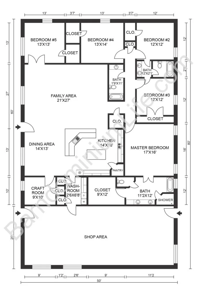 five bedroom barndominium floor plan with workshop