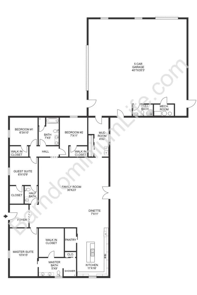 barndominium floor plan with garage and separate bathroom