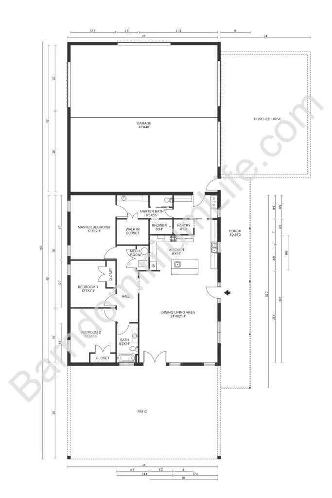 barndominium floor plan with garage and covered drive