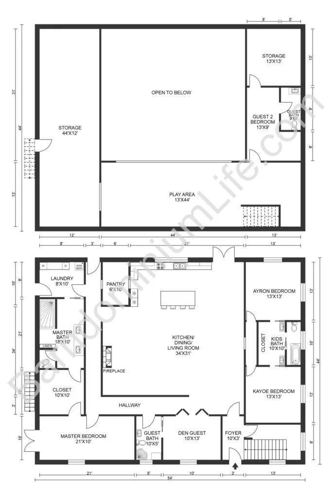 four bedroom loft barndominium floor plan with playroom