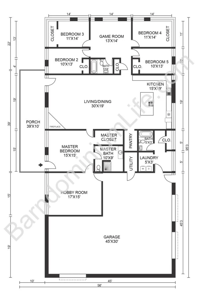5 five bedroom barndominium floor plan with garage