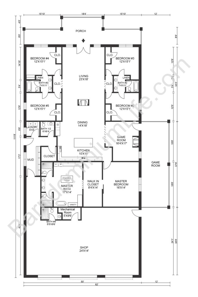 five bedroom barndominium floor plan with game room