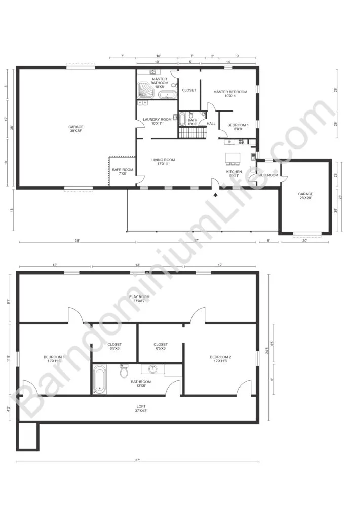three bedroom loft barndominium floor plan with playroom