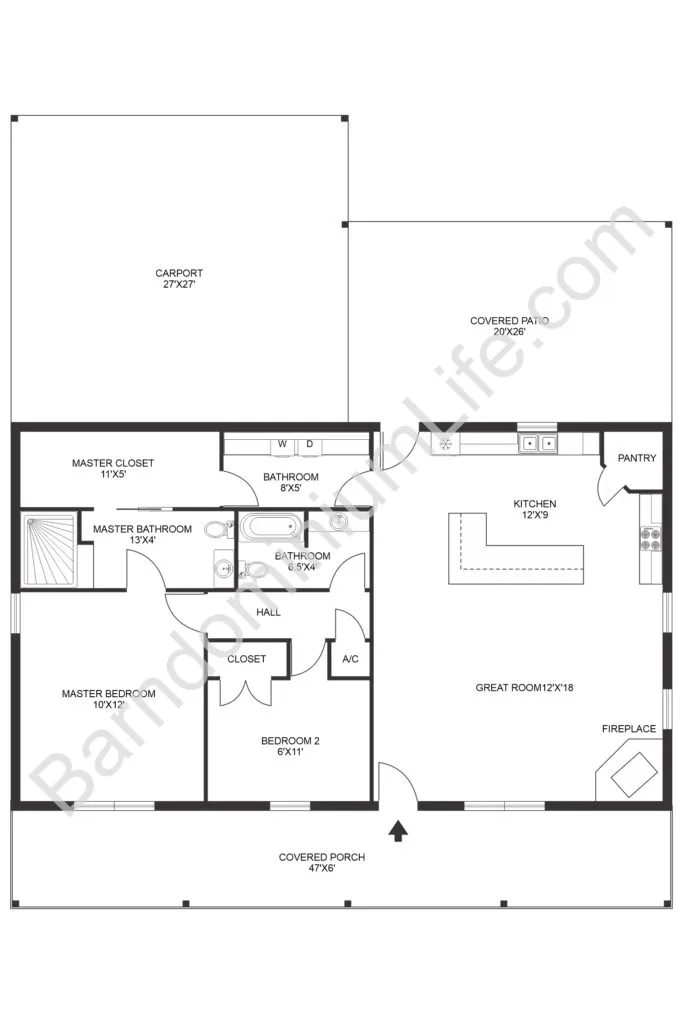 arndominium floor plan with large garage and covered patio