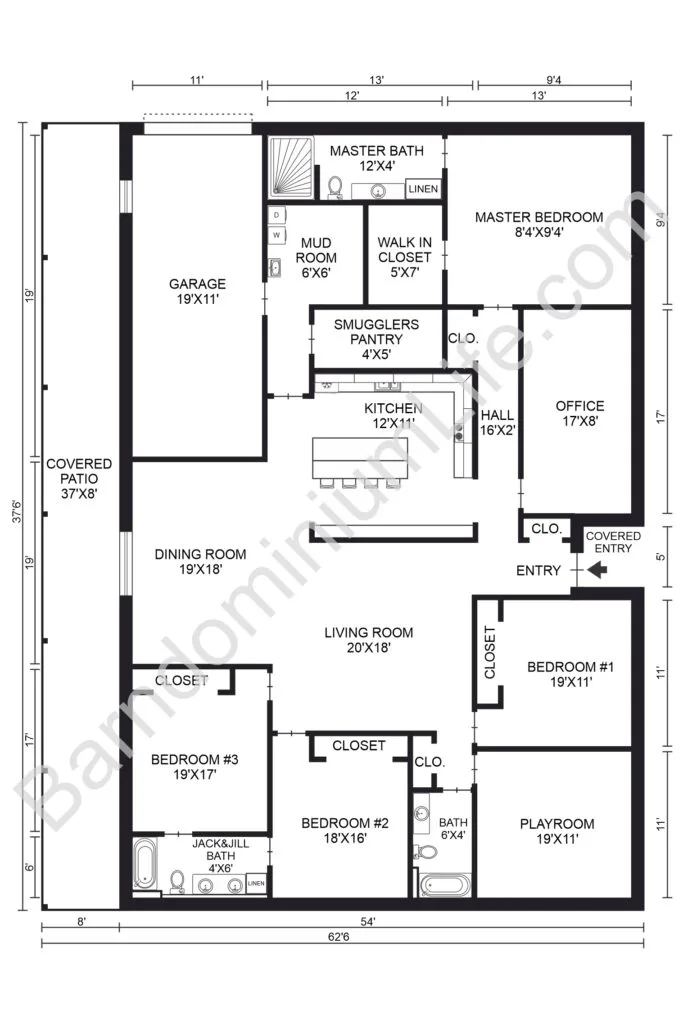 five bedroom barndominium floor plan with covered patio