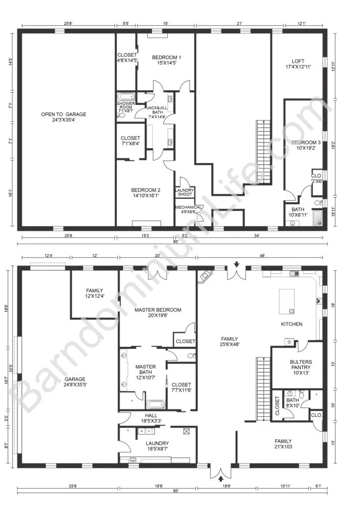 four bedroom loft barndominium floor plan with garage