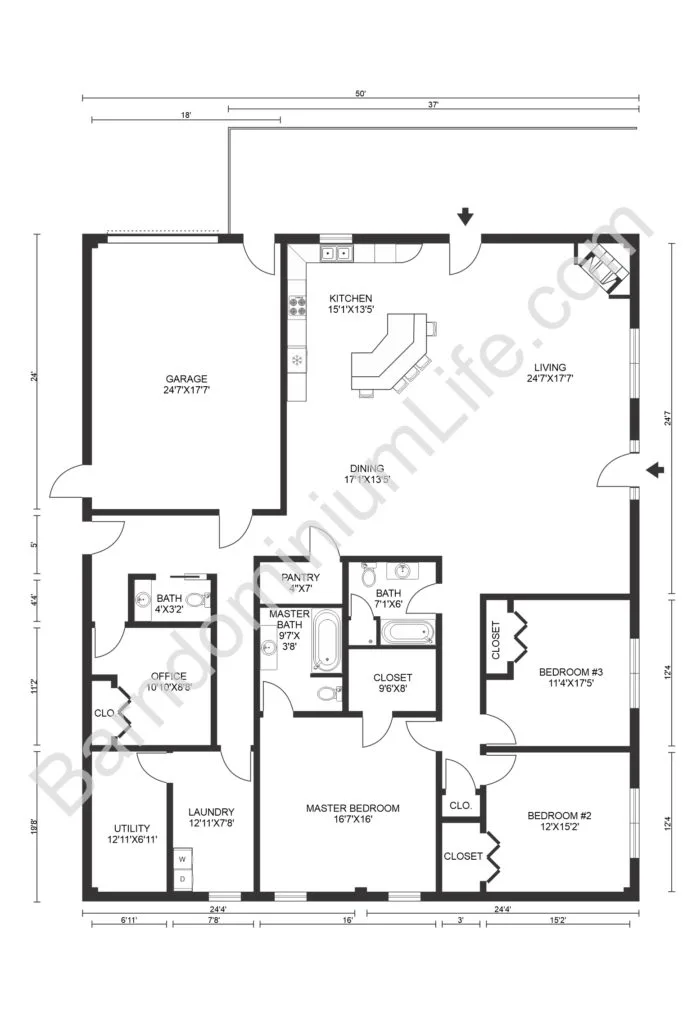 barndominium floor plan with large garage