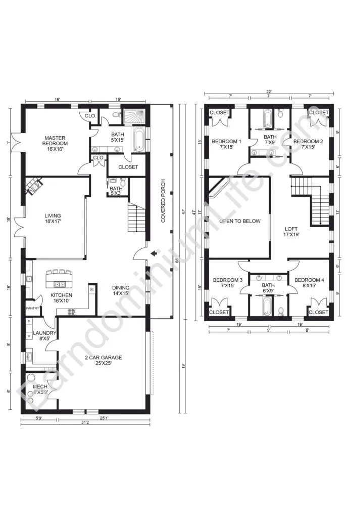 five bedroom barndominium floor plan with loft
