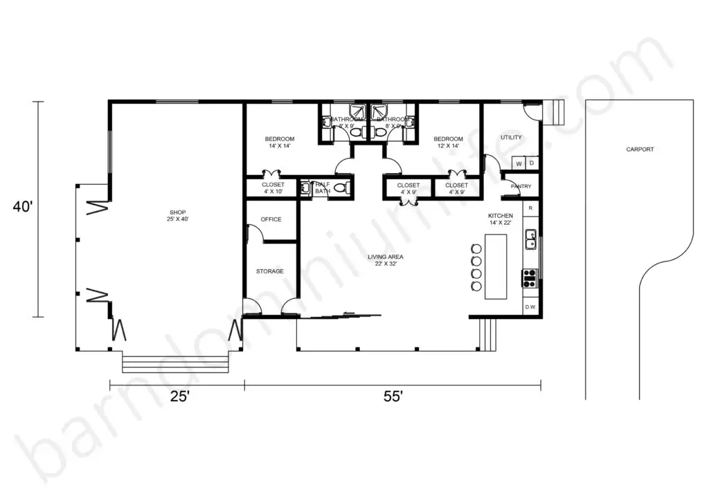 Barndominium Floor Plan With Shop and Garage Carport