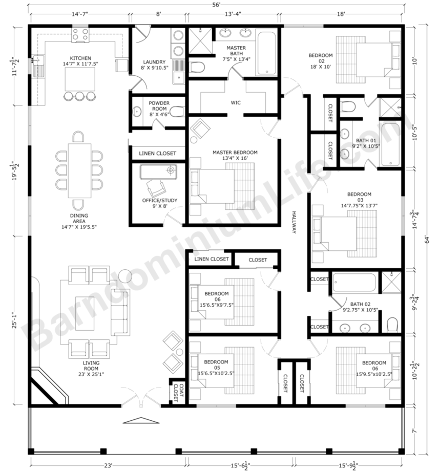 6 Bedroom Barndominium Floor Plans