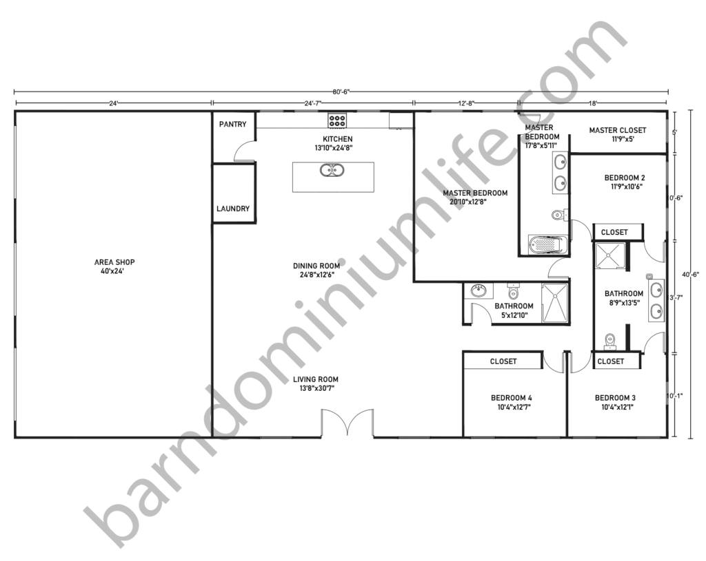 40x80 barndominium floor plan with shop