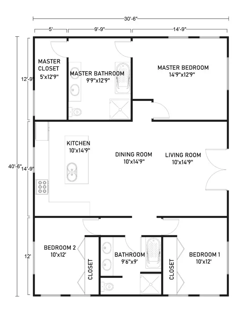 30x40 Barndominium Floor Plans with 1 Master Suites and 2 Bedrooms