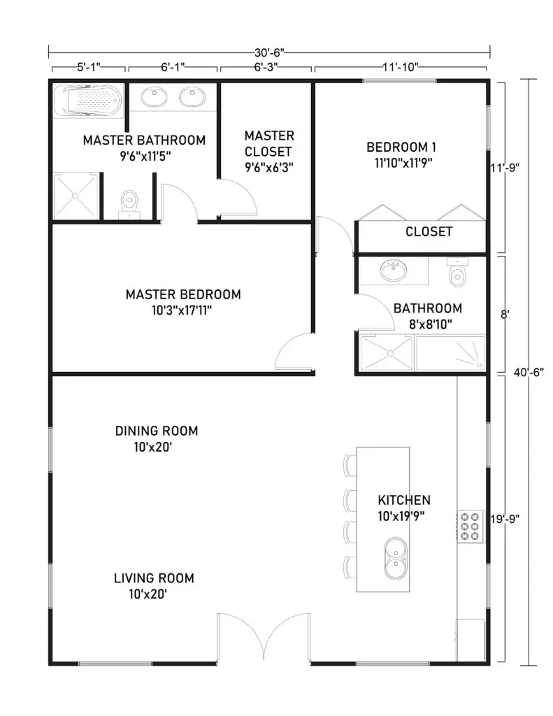 30x40 Barndominium Floor Plans with 1 Master’s Bedroom and 1 Bedroom