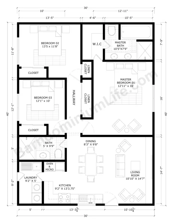 30x40 Barndominium Floor Plans with Master Suite, 2 Bedrooms, Large Common Areas