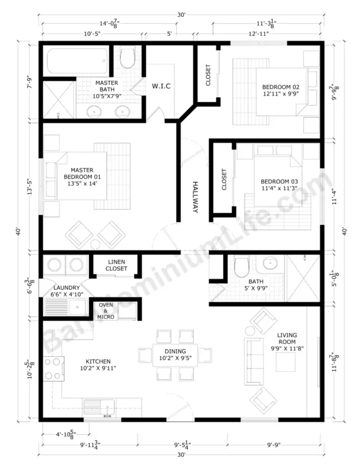 30x40 Barndominium Floor Plans with Master Suite, 2 Bedrooms, Large Living and Dining Rooms