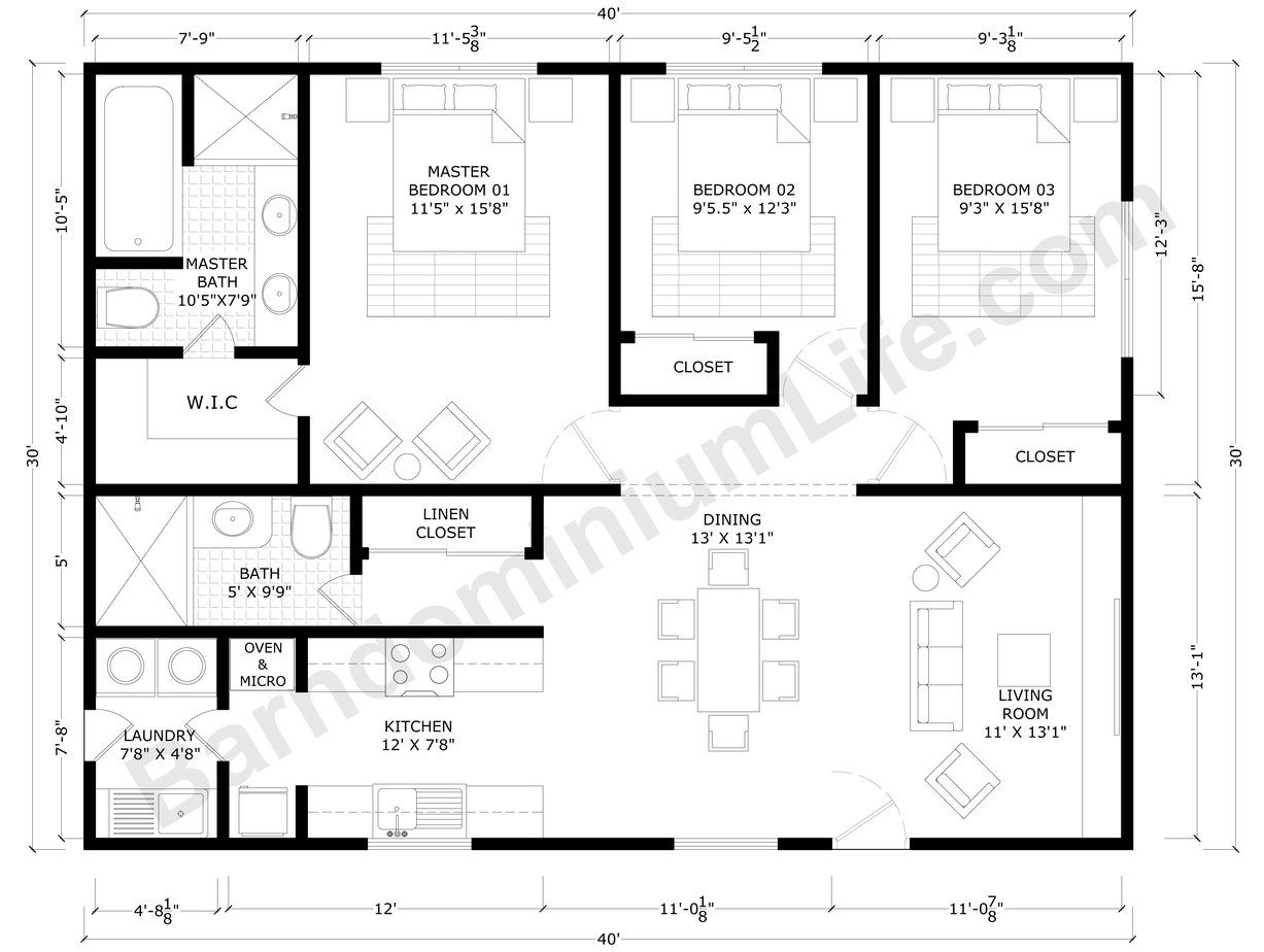 30x40 Barndominium Floor Plans with Master Suite, 2 Bedrooms, 1 Shared Bathroom