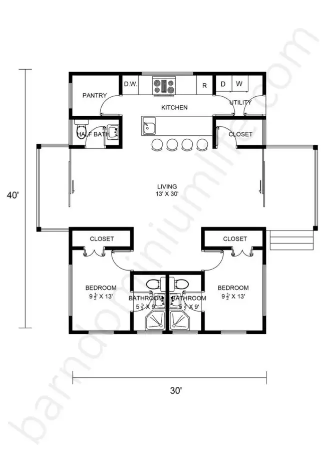 30x40 Barndominium Floor Plans Open Concept with Front and Back Porch
