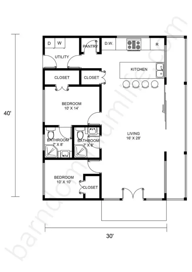 30x40 Barndominium Floor Plans Open Concept with 2 Bedrooms