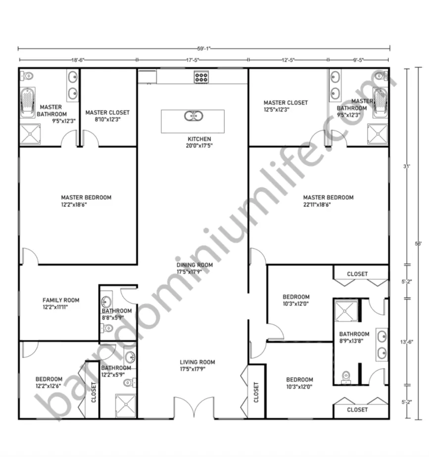 Barndominium Floor Plans 59x56 With-2 Master-Suites And 3 Bedrooms