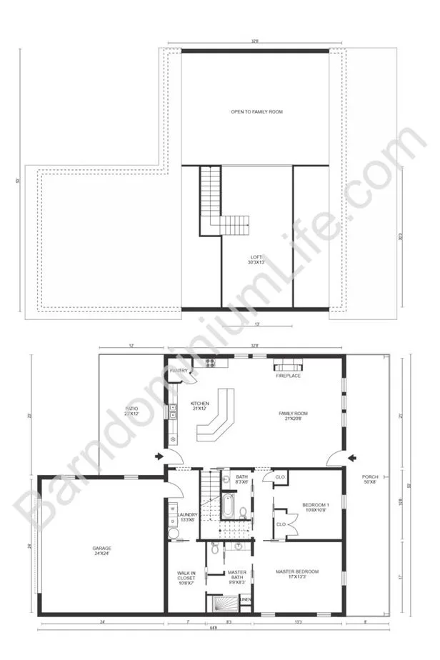 Barndominium Floor Plan with Loft