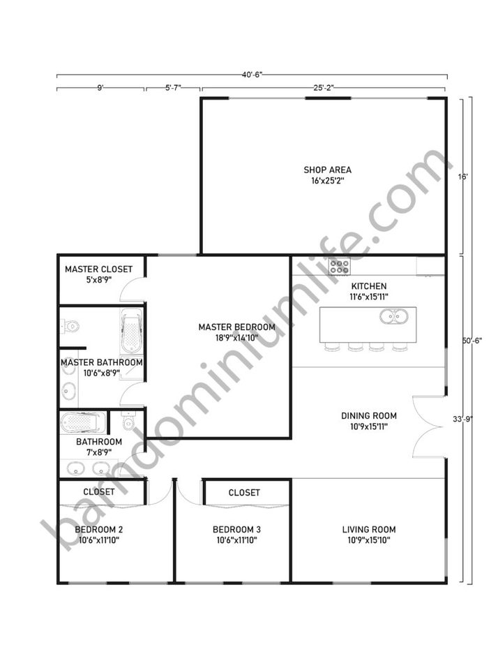 40x50 Barndominium Floor Plans with Shop Area