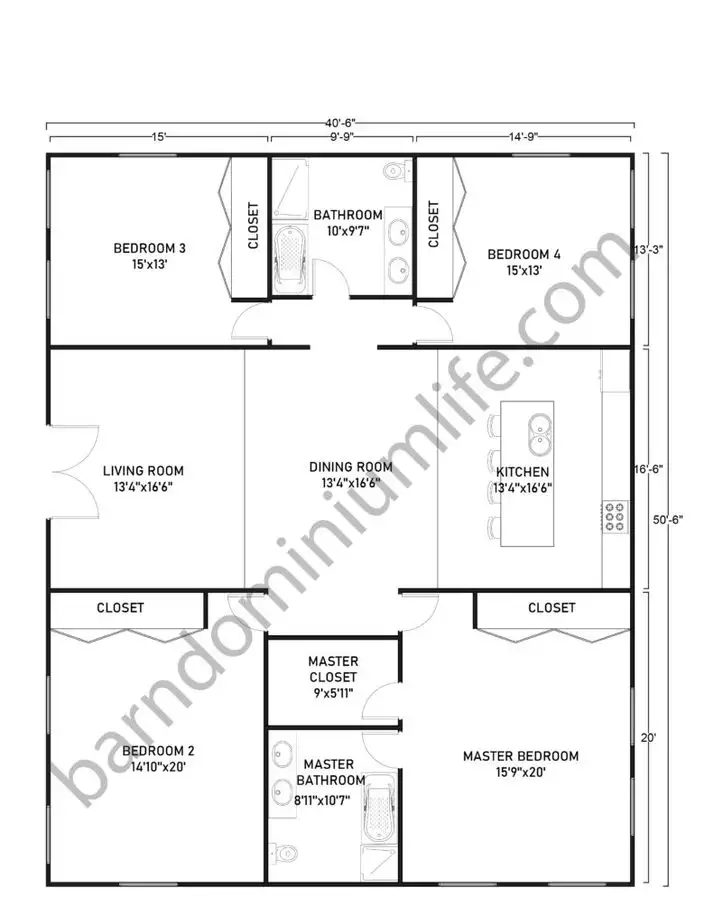 40x50 Barndominium Floor Plans with Master Bedroom and 3 Bedrooms