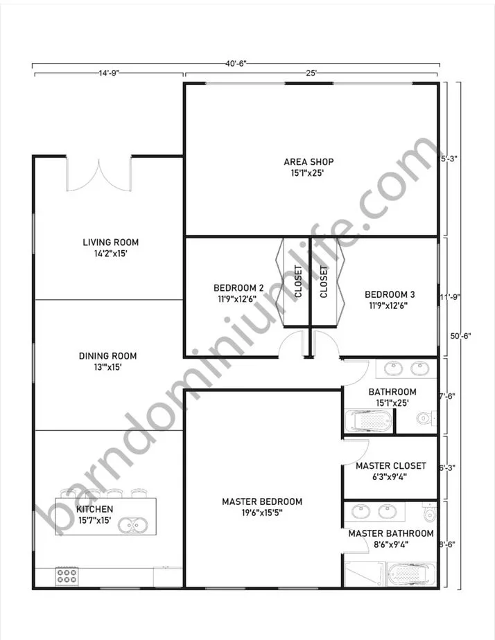 40x50 Barndominium Floor Plans with Shop Area and Front Parking