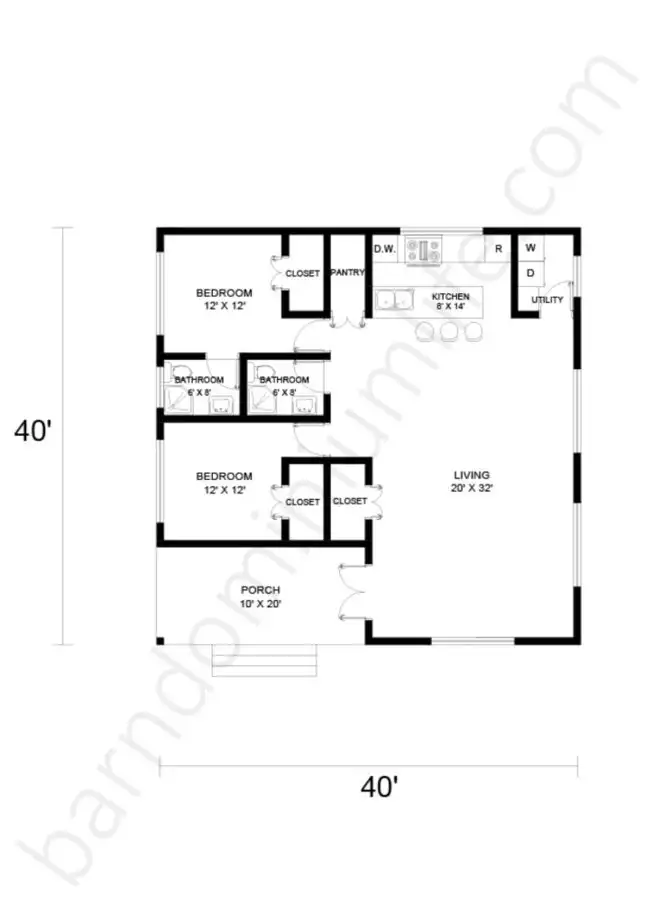 40x40 Barndominium Floor Plans Open Concept with Porch
