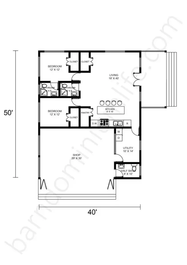 40x50 Barndominium Floor Plans with Front Porch and Shop Area with Porch