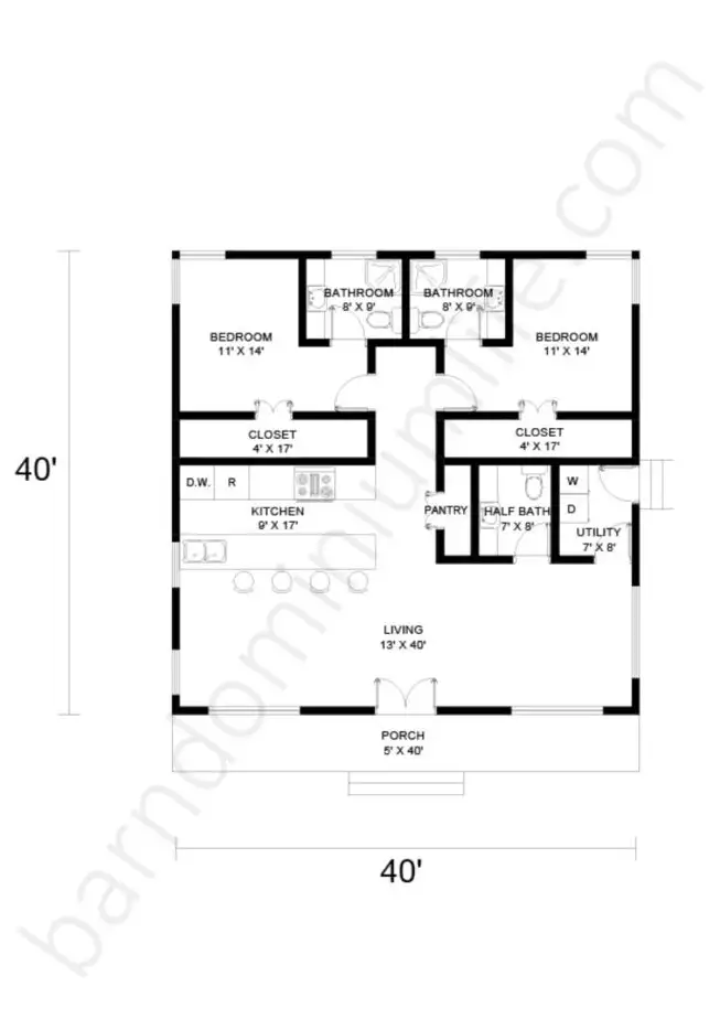 40x40 Barndominium Floor Plans Open Concept with Porch and 2 Bedrooms
