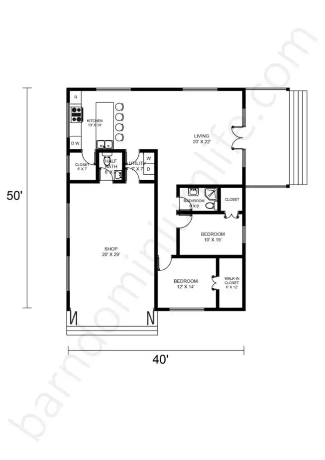 40x50 Barndominium Floor Plans with Shop Area and 2 Porches