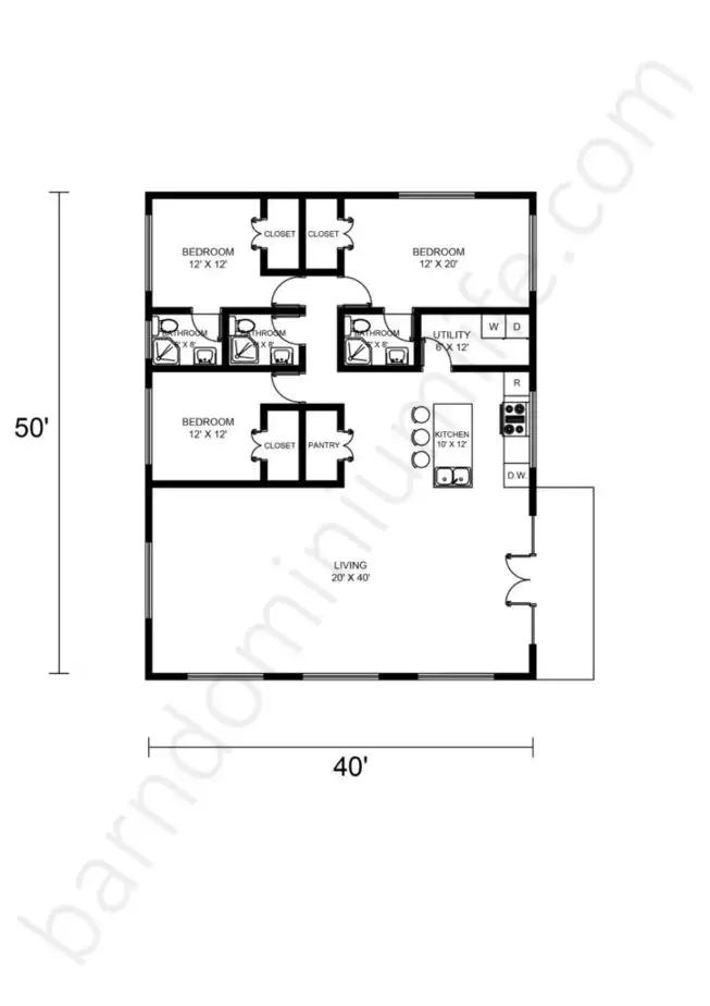 40x50 Barndominium Floor Plans Open Concept with Porch
