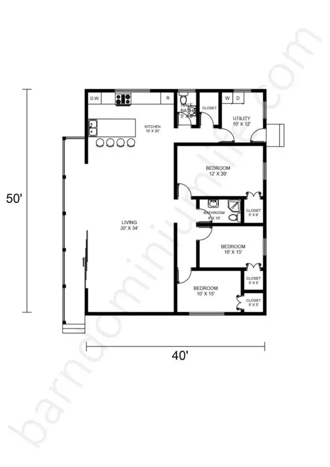 40x50 Barndominium Floor Plans Open Concept with Porch and 3 Bedrooms
