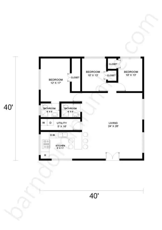 40x40 Barndominium Floor Plans with Open Space for Medium Sized Families