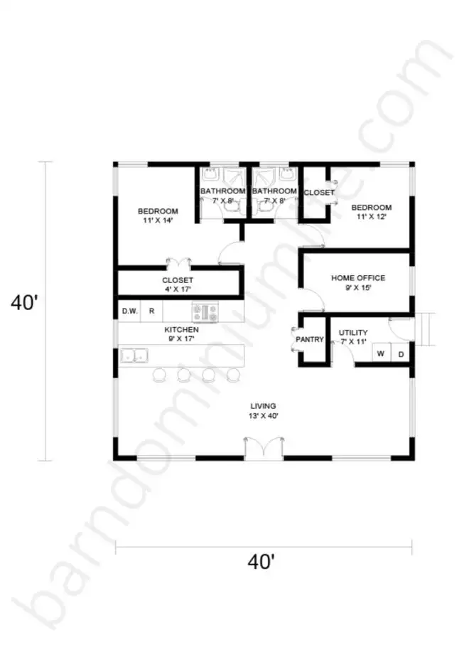 40x40 Barndominium Floor Plans with Home Office for Small Families