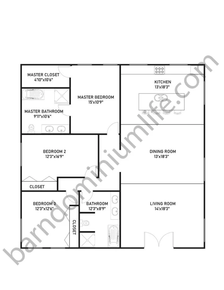 40x40 Barndominium Floor Plans with 3 Bedrooms for Medium Sized Families